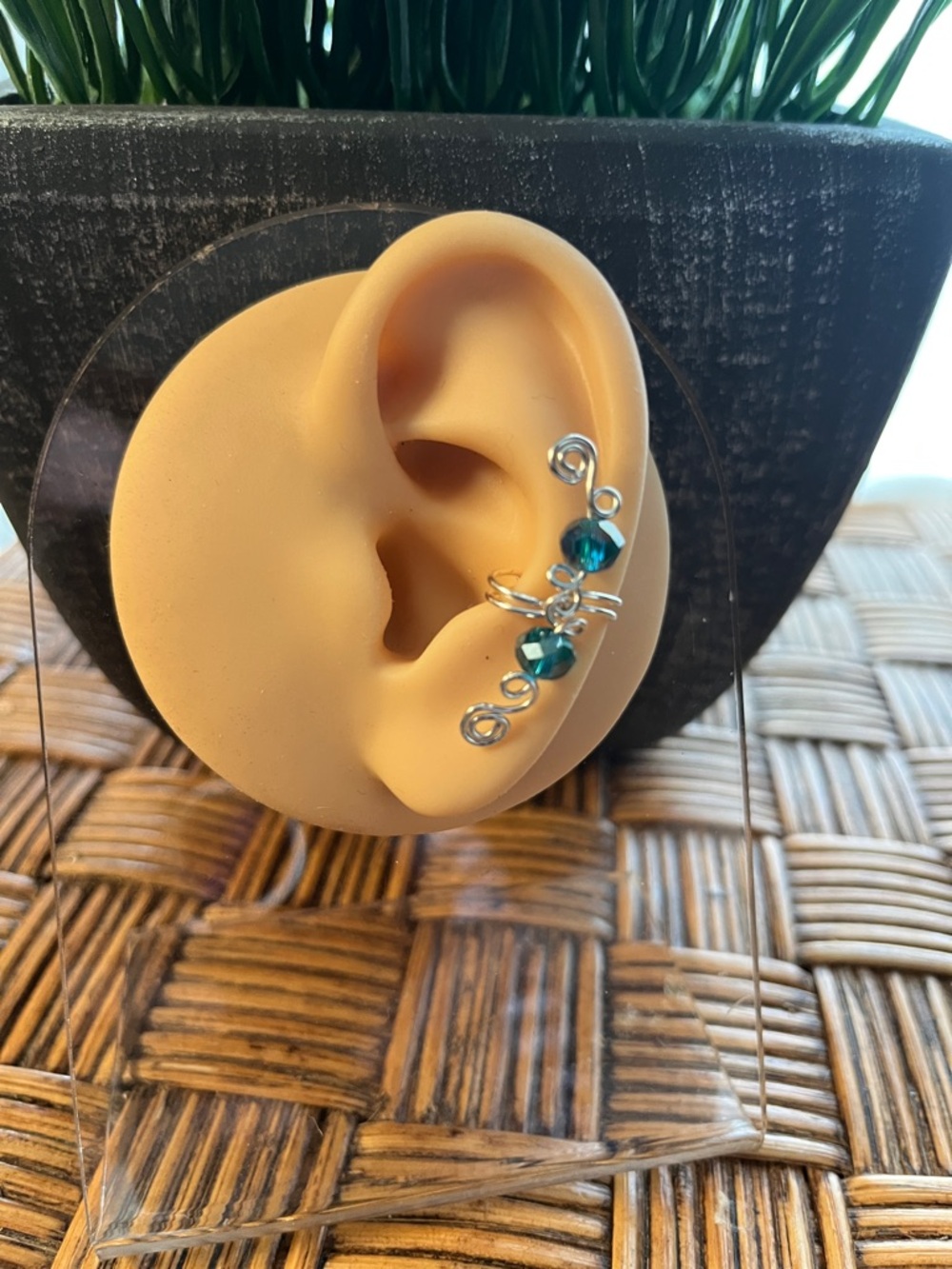 Silver Ear Cuff with Teal Crystal Beads - Women Jewelry